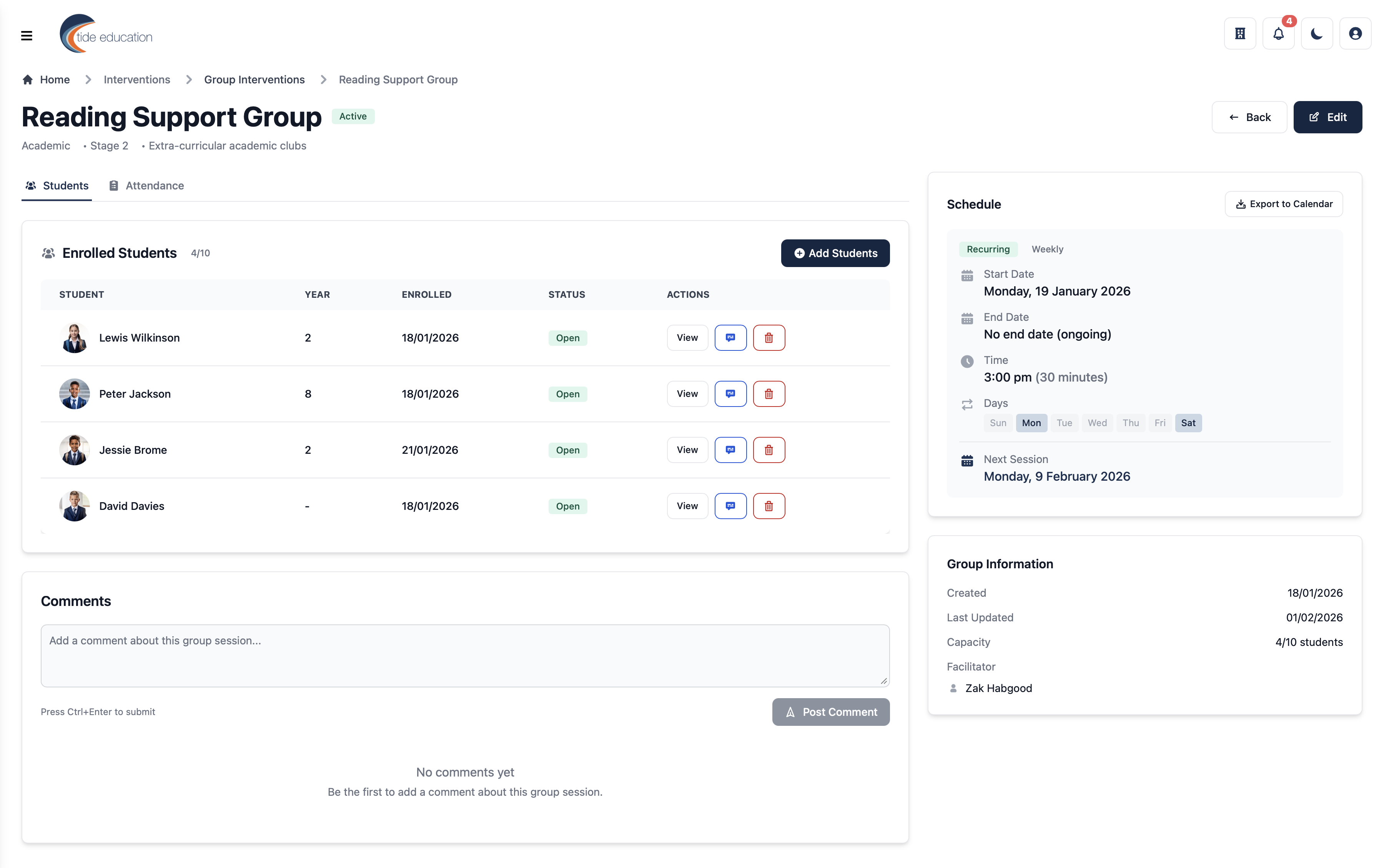 Interventions - desktop view